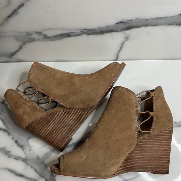 Lucky Brand | Women's Brown Leather Peeptoe Reevas Wedge Booties Sz 8.5 - Picture 6 of 8